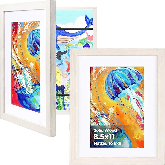 KINLINK 8.5x11 Kids Art Frame Set of 2, Solid Wood Kids Artwork Frames Changeable with Front Opening Hold 150 Pictures, Art Frames for Kids Art with Mat，without Mat 8.5x11 Picture Frame White Wood