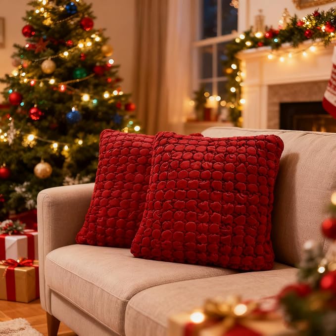 Christmas Throw Pillow Covers 18x18 Set of 2 Velvet Square Pillowcase Soft Thickened Decorative Farmhouse Cushion Covers Bubble Texture for Couch Sofa Bedroom Living Room,Red