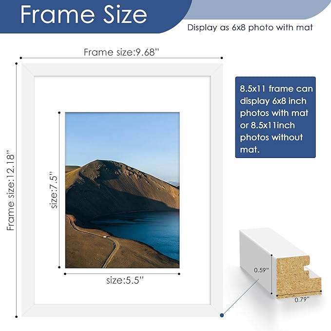 PEALSN 8.5 x 11 Picture Frame Set of 6, Display Pictures 6x8 with Mat or 8.5 x 11 without Mat for Wall Mounting Display, Photo Frames Collage for Wall Decor, White Woodgrain.