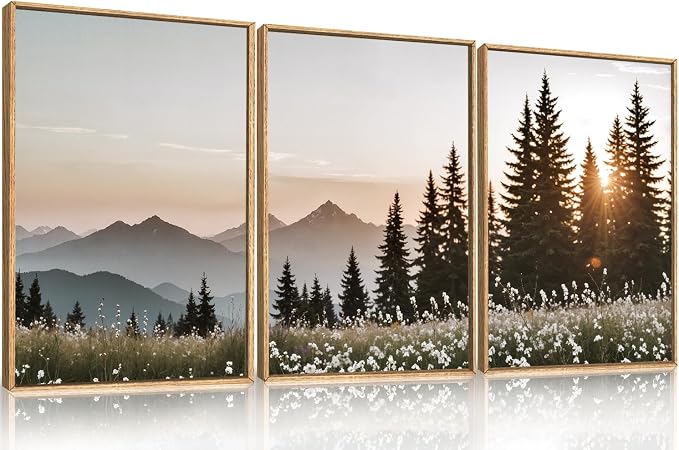 DRACIT Forest Sunlight Landscape Framed Canvas Wall Art Set,Nature Mountain Pine Tree Wall Decor,Modern Sunrise Wildflower Calming Art Printing for Living Room,Bedroom-24 x36 x3