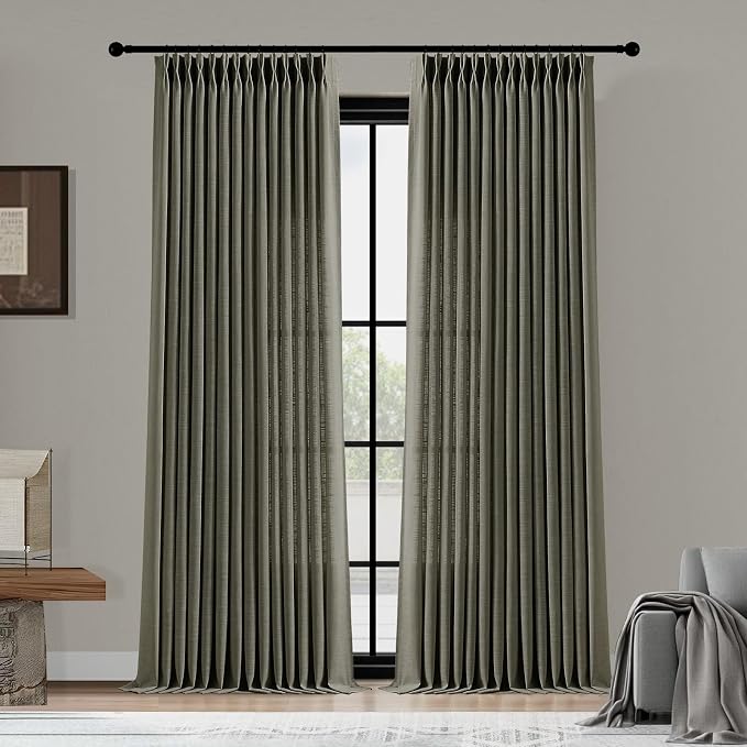90 Inch Curtains Pinch Pleated Linen Curtain for Living Room, Dark Grey Floor to Ceiling Light Filtering Pleat Drapes Textured Thick Semi-Sheer Curtains with Hooks for Bedroom Study Room, 2 Panels