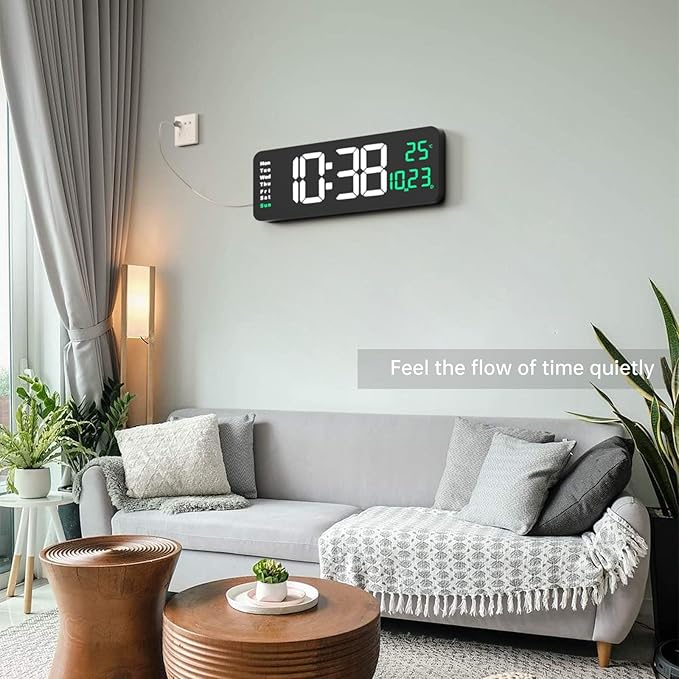 YISILE Digital Wall Clock Large Display, 16.2" Large Digital Wall Clock with LED Display Remote Control, Automatic Brightness Dimmer Big Clock with Date Week Temperature（White）