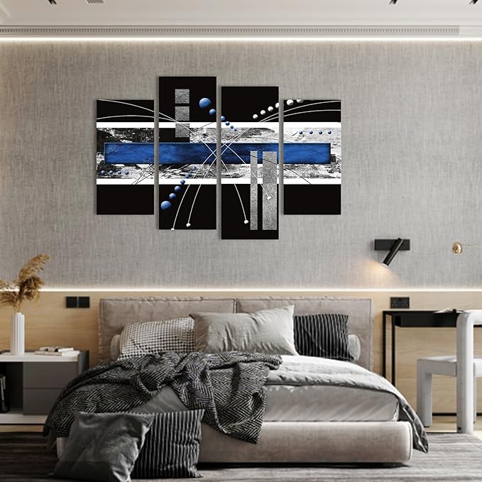 Modern Abstract Canvas Wall Art: Black and Blue Wall Decor - Grey White Decoration for Home Office, 4 Panels Poster Decorative Framed Print for Living Room Bedroom Ready to Hang