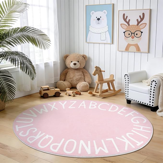 Topotdor Oval Kids Play Rug Alphabet Nursery Area Rug Extra Large Soft Crawling Play Mat for Children Toddlers Bedroom (47x70 inch, Pink)