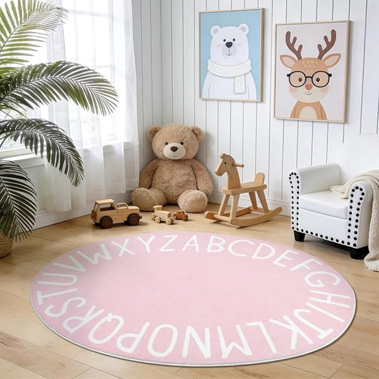 Topotdor Oval Kids Play Rug Alphabet Nursery Area Rug Extra Large Soft Crawling Play Mat for Children Toddlers Bedroom (47x70 inch, Pink)