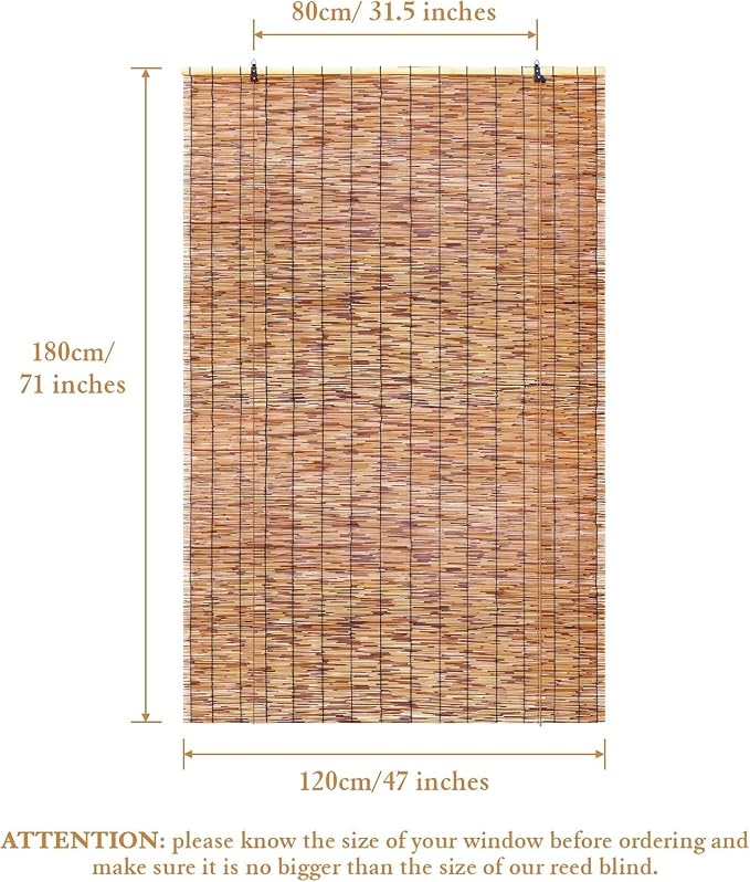 Reed Curtain, Bamboo Light Filtering Roller Shades,47" W x 71" H Retro Natural Roll Up Window Blind for Outdoor Indoor