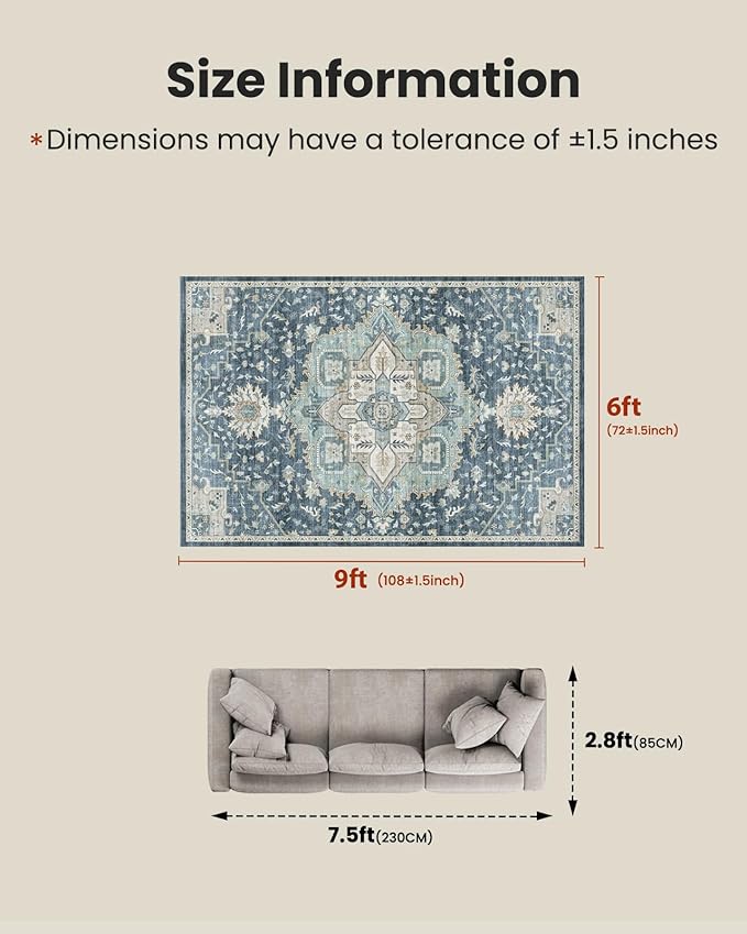 AMADA HOMEFURNISHING 6x9 Area Rugs, Blue Low-Profile Washable Rug with Non-Slip Backing & Durable Edge Binding, Vintage Rugs for Living Room, Bedroom, Dinning Room