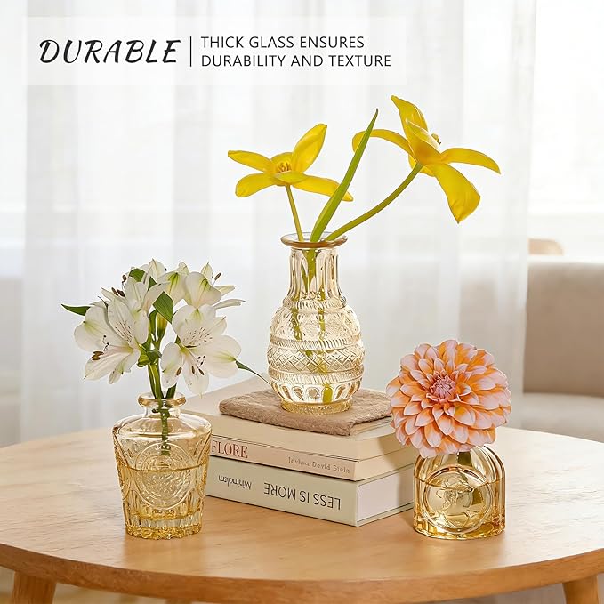 SUPMIND 16Pcs Glass Bud Vase Set, Small Flower Vases in Bulk for Centerpieces, Mini Vintage Amber Vase for Wedding, Home Decor, Table Decoration - Gold Amber
