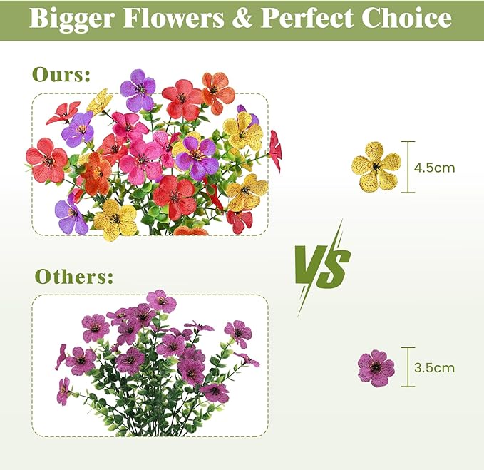 Alupssuc 20 Bundles Artificial Flowers for Outdoor Indoor Decoration, UV Resistant No Fade Fake Plants Eucalyptus, Colorful Faux Spring Flowers for Outside Yard Porch Patio Garden Home Window Box