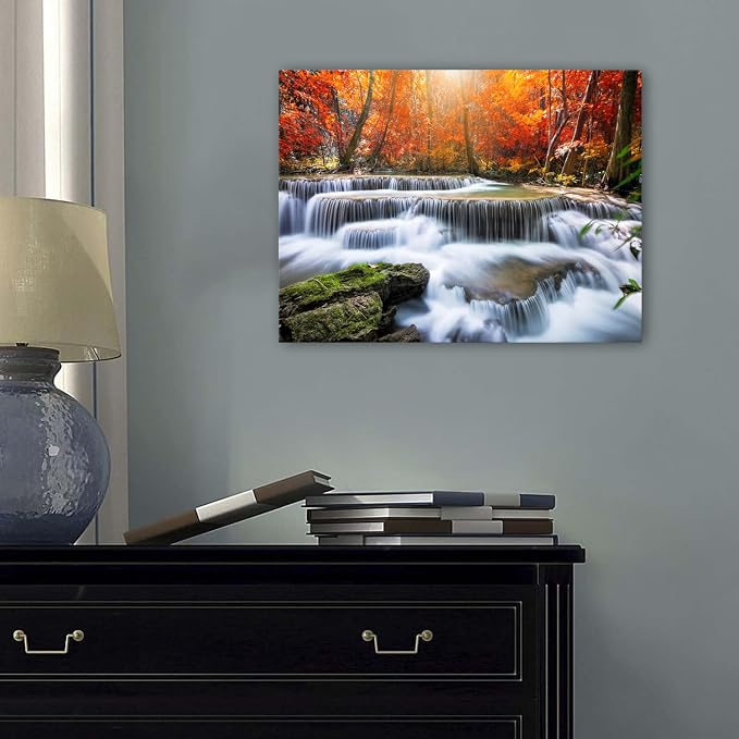 Fall Waterfall Canvas Wall Art Autumn National Park Scenery Picture for Living Room Mountain Maple Trees Prints Bedroom Wall Decor Nature Landscape Poster Modern Artwork Kitchen Home Decoration 12x16"