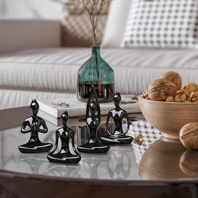 OwMell Lot of 4 Meditation Yoga Pose Statue Figurine Ceramic Yoga Figure Set Decor - Black