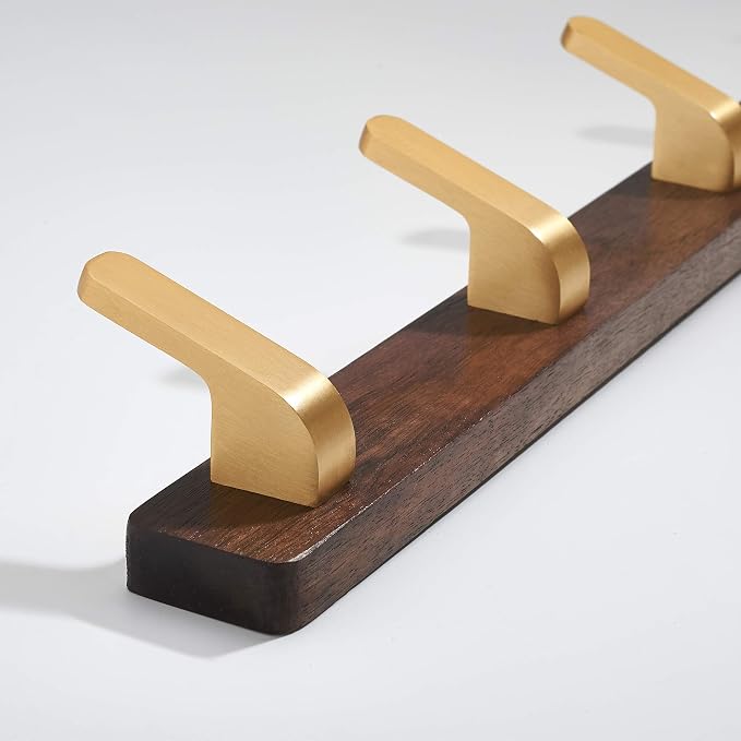 Wall Mounted Coat Rack, Entryway Hanging Coat Rack, Metal Wood Coat Rail with 4 Rustic Hooks Rail for Coat, Scarf, Bag, Towel, Key, Cap, Hat, Walnut Gold Matt