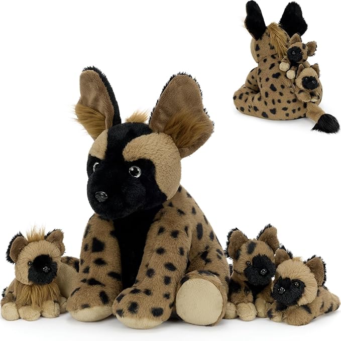 MorisMos 4 Pcs African Wild Dog Stuffed Animals, 18 Inch Mommy with 3 Baby Cubs, Soft Fluffy Animal Plush Toys Gifts for Kids, Wildlife Lovers & Collectors