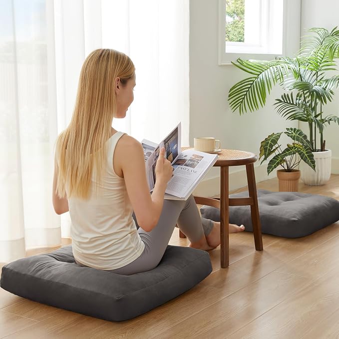 Meditation Floor Pillow Set of 4, Square Large Pillows Seating for Adults, Meditation Cushion Pillow,Tufted Corduroy Cushion for Tatami Living Room or Yoga, Dark Gray, 22x22 Inch