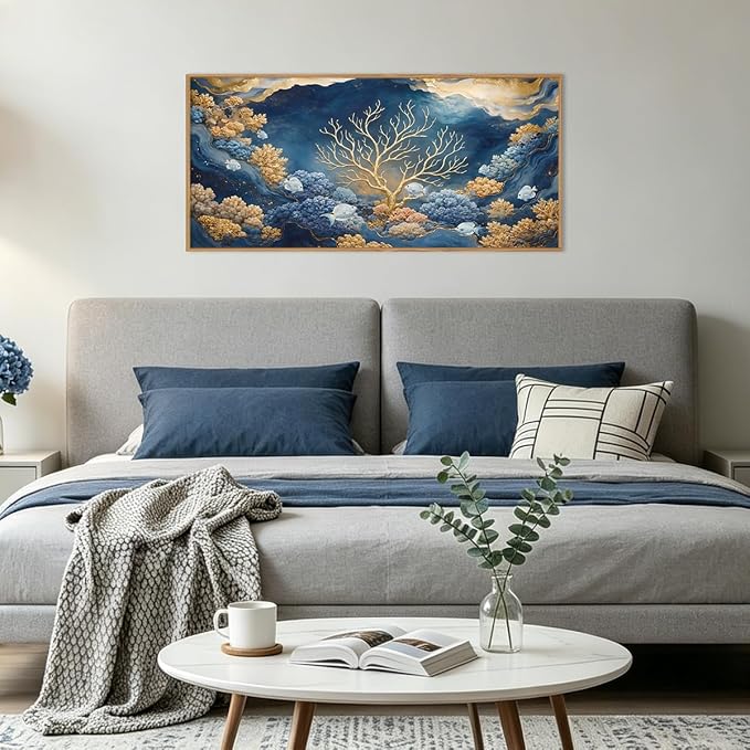 HPNIUB Blue Dreamy Underwater Framed Canvas Wall Art 40"x20" | Modern Gold Coral Seascape Decoration Abstract Navy Ocean Marine Fish Artwork Living Room Bedroom Farmhouse Office