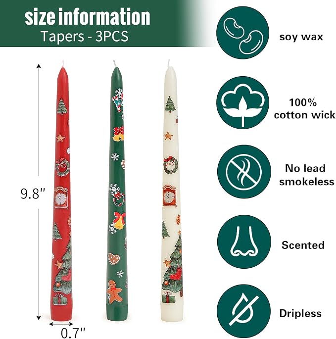 Sungmor Christmas Taper Candlesticks, Beautiful 3-Color Decal Crafts, 10" Long Decorative Candles, Scented & Colored Tall Candlesticks, Long Burning & Smokeless Tapered Holiday Party Celebrate Candle