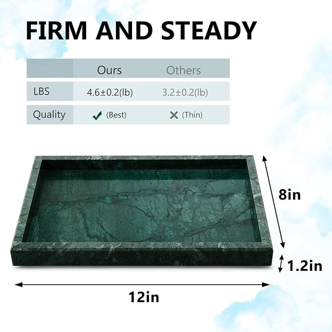 Real Natural Marble Tray for Bathroom, Vanity, Kitchen and Desktop, Rectangle Genuine Marble Stone Tray for Jewelry, Cosmetics, Candles, Lotion, Perfume and Home Decor