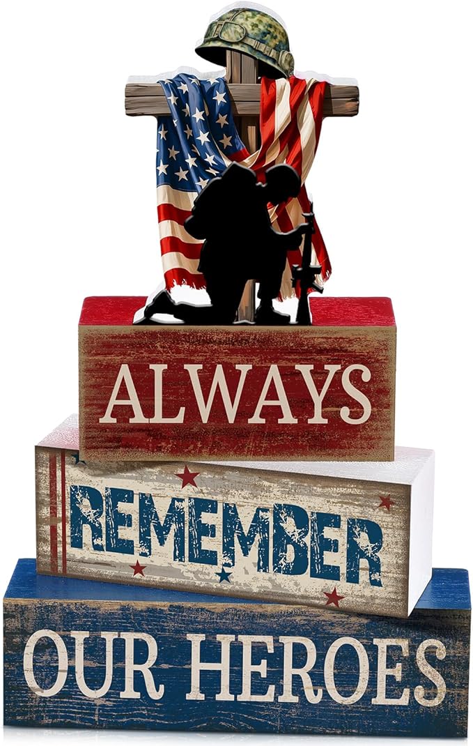 CroBlissful 4 Pcs Memorial Day Decorations 4th of July Patriotic Tabletop Decoration Red White Blue Table Centerpieces Alway Remember Our Heroes Sign for Tiered Tray Home Shelf 250th Anniversary