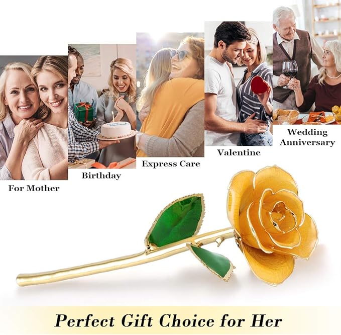 Ejoyous Gold Plated Rose, 24K Gold Dipped Real Rose Flower Lover Mom Wife Daughter Girl Friend, Present on Mother's Day, Wedding Anniversary, Birthday, Proposal, Reward (Yellow