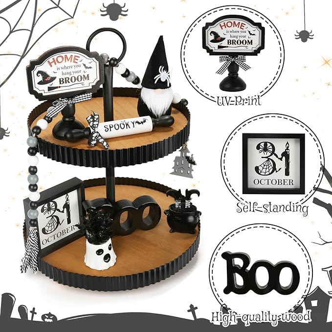 Halloween Decorations 8PCS Tiered Tray Decor, Cute Tabletop Halloween Decor for Home Tray Shelf Mantel Coffee Bar Office Table Centerpieces Farmhouse Rustic Spooky Wood Signs