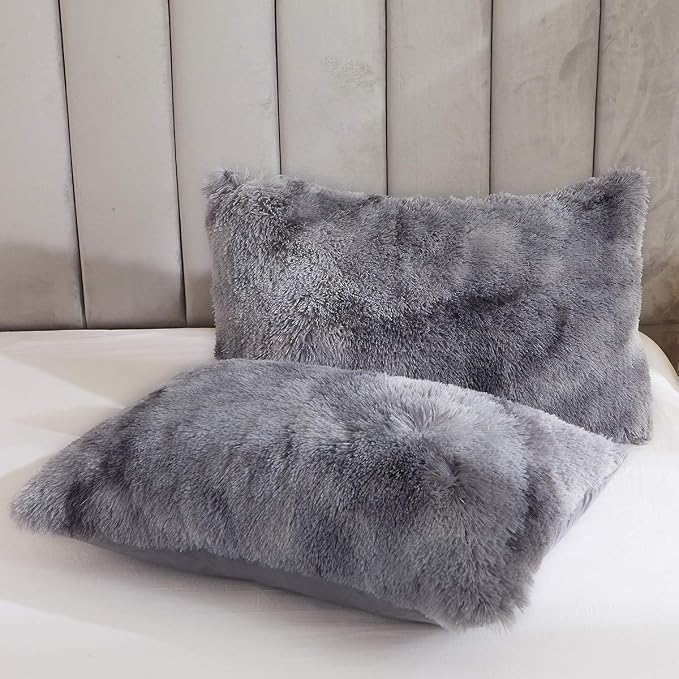 Tie Dye Printed Faux Fur Bedding Set Modern Abstract Shaggy Plush Duvet Cover with Pillow Sham, Ultra Soft Warm (Twin, Tie Dye Gray)