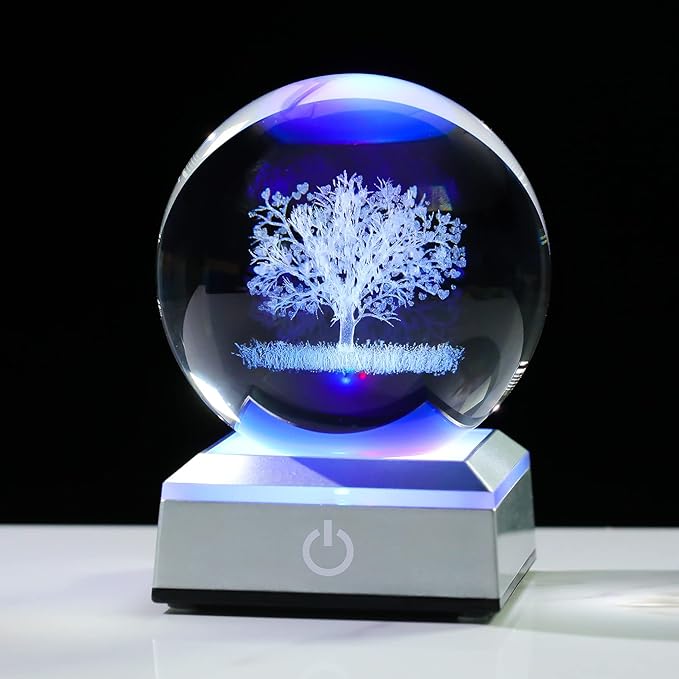 Ornalrist Crystal Ball 3D Engraved Tree of Life with LED Colorful Base, 3.15" 8CM Glass Sphere Ideas for Family Home Decor Display, Gifts for Men Women Friends on Birthday Christmas
