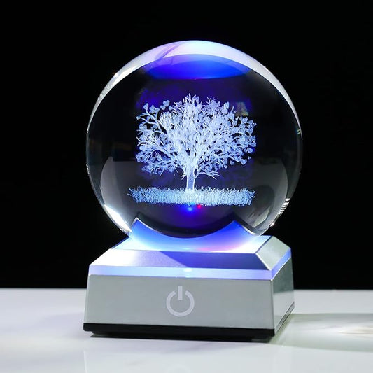 Ornalrist Crystal Ball 3D Engraved Tree of Life with LED Colorful Base, 3.15" 8CM Glass Sphere Ideas for Family Home Decor Display, Gifts for Men Women Friends on Birthday Christmas