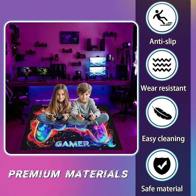 Gaming Rug for Boys Room - Purple Gamer Area Rug for Boys Bedroom Games Themed Kids Room Decor Gaming Carpet Rugs, 59 x 39 Inches