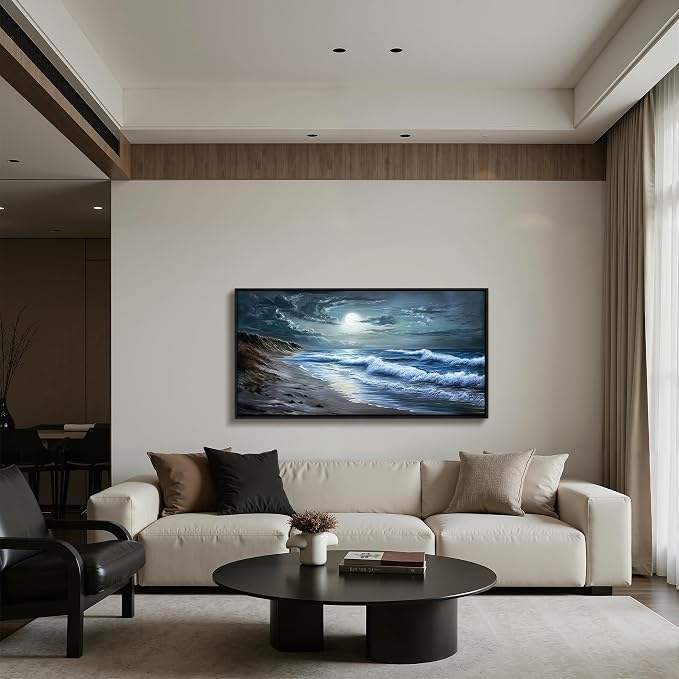 imjiayu Beach Wall Art, Large Wall Decor, Black Framed Wall Art, Coastal Wave Decoration Painting, Seaside Moon Night Canvas Prints, Modern Ocean Pictures Wall Decor Living Room Bedroom Office 20"x40"