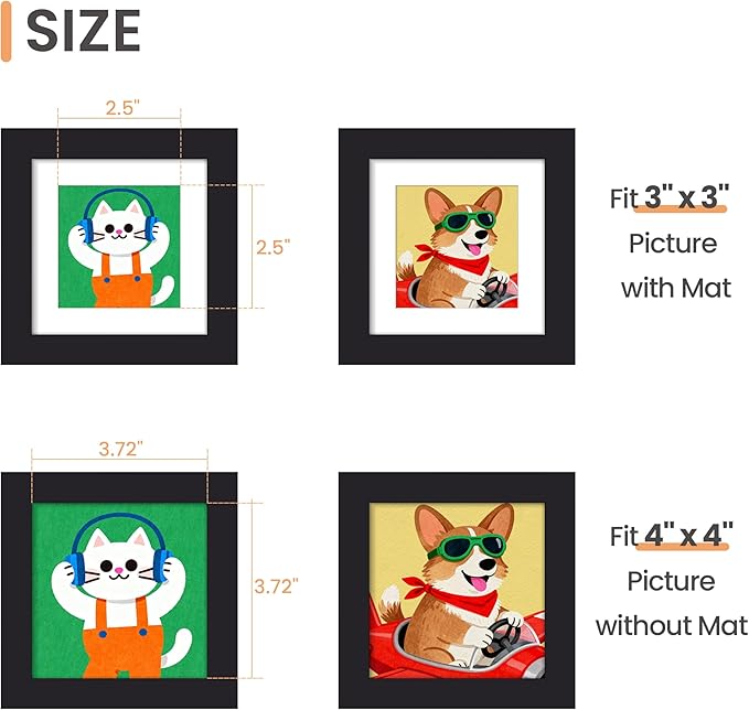 upsimples 4x4 Picture Frame, Display Pictures 3x3 with Mat or 4x4 Without, Wall Hanging Photo Frame, Black, 1 Pack