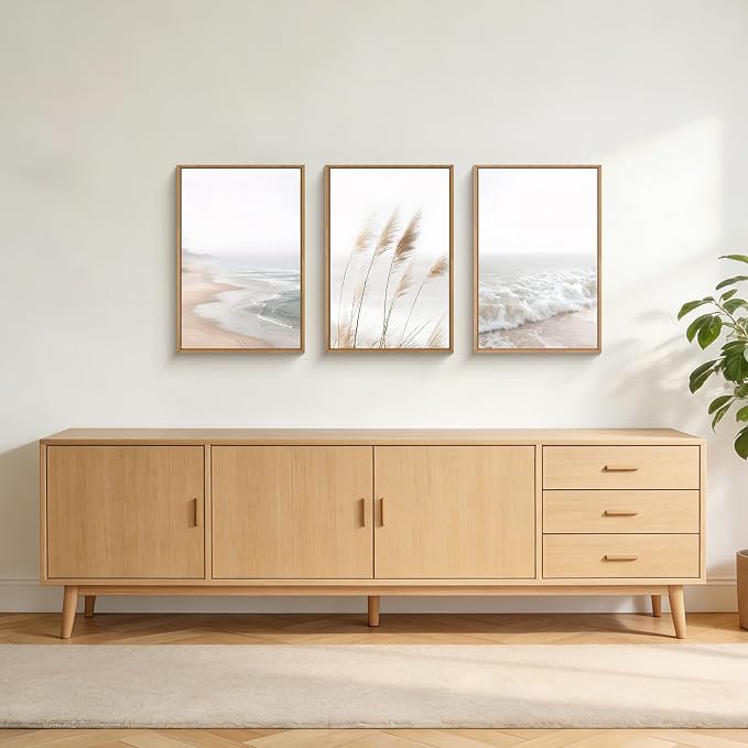 LHIUEM Large Neutral Coastal Reed Framed Canvas Wall Art,Modern Beach Natural Wall Decor,Boho Ocean Waves Picture,Minimalist Beige Seascape Artwork for Living Room,Bedroom,Dining Room -24"x36"x3