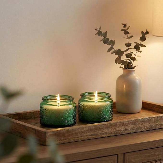 4 oz Green Sun Moon Stars Candle Jars with Bamboo Lids, 18 Pack | Patented Embossed Design, Includes Wick Centering Devices & Warning Labels, Multiple Color Options