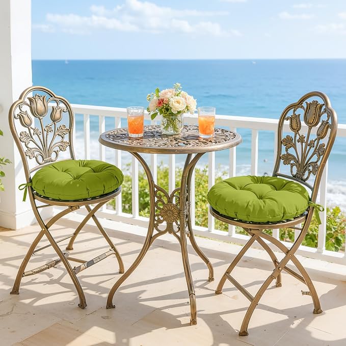 idee-home Outdoor Bistro Chair Cushions Set of 4, Round Seat Cushions | 15”x15”x 4” Thick Outdoor Round Seat Pads Tufted with Ties, Waterproof Patio Furniture Pads for Garden