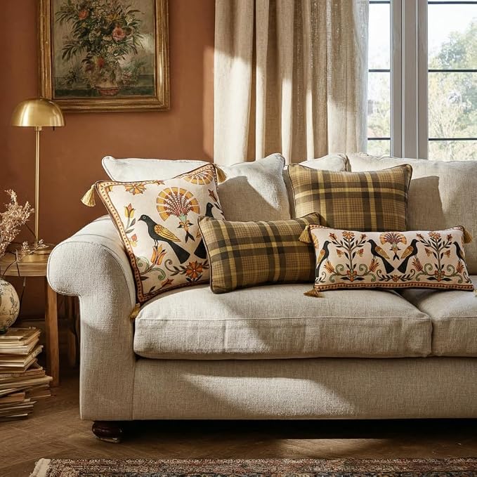 bilin gaier Designer Linen Throw Pillow Covers,20"x12" Set of 2-Seville BN | Vintage Elegant Rectangle Pillow Cover,Concealed Zipper,Plaid Print Pattern,Sofas,Bedroom,Living Room,Lounge Chairs