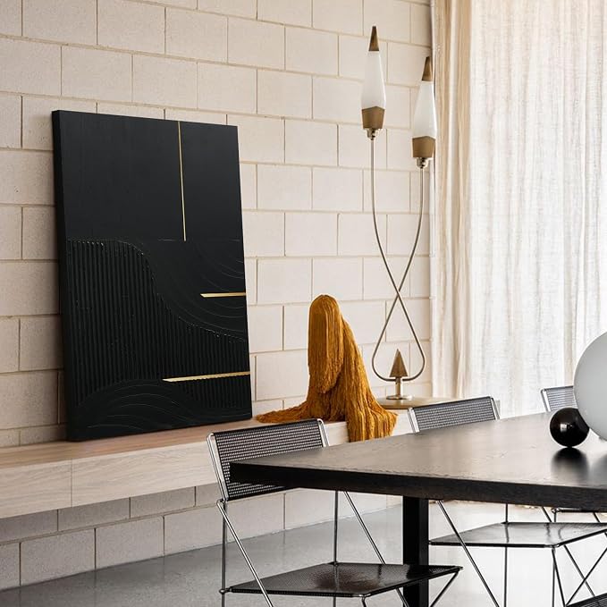 Hand-Painted Black & Gold Abstract Wall Art, Modern Textured Oil Painting | Original Vertical Canvas Artwork for Dining Room Bedroom Office, Minimalist Large Wall Decor for Living Room, 24x36 In