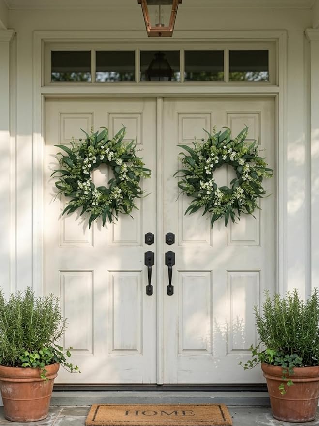 26" Eucalyptus Wreath for Front Door, Full Greenery Wreath with Baby’s Breath, Farmhouse Door Wreath, Year Round Spring Summer Wreath, Indoor Outdoor Home Decor