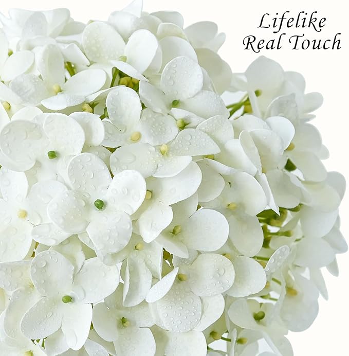 JINWOE Hydrangea Artificial Flowers, 4Pcs 20" Ivory White Lifelike Latex Silk Real Touch Faux Hydrangea Flowers, Artificial Hydrangeas Bouquet for Wedding Centerpieces Tables Party Home