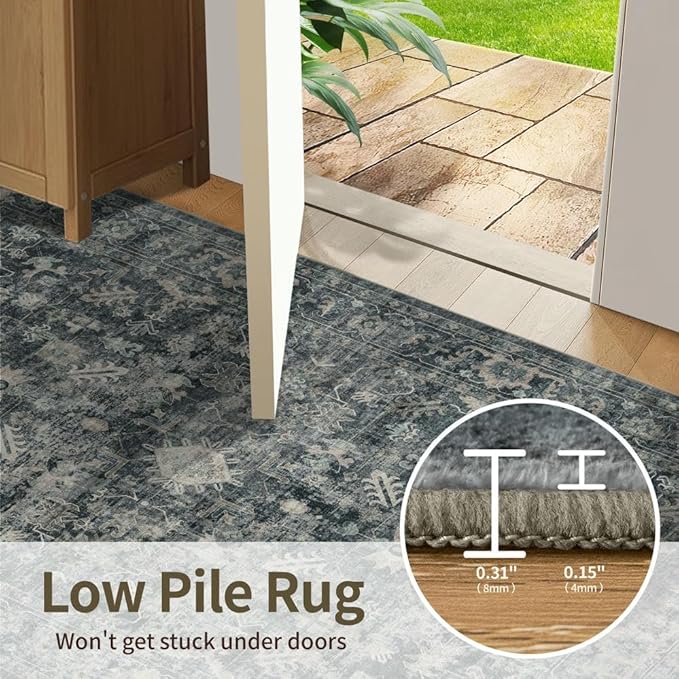 Rugxara 6x9 Area Rugs for Living Room Bedroom, Large Washable Rug, Blue Vintage Floral Boho Style, Non Slip & Low Pile Carpet for Indoor Dining Room, Dorm and Kids Room(Blue 6x9ft)