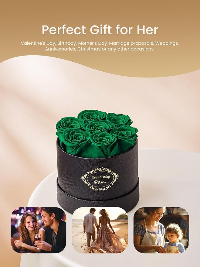 Beaulasting Long Lasting Preserved Roses in a Box Last a Year Forever Flowers for Her Mom Wife Anniversary Birthday (Round Black Box, Blackish Green)