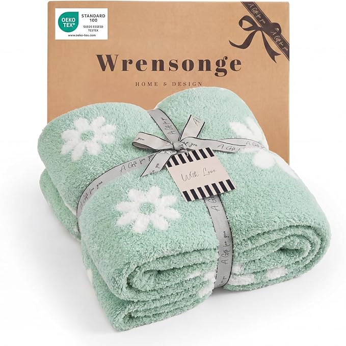WRENSONGE Soft Throw Blanket for Couch-Cozy Reversible Knitted Blankets | Lightweight Warm Fluffy Decor for Women, Mom, Her & Girls, Sofa, Chair, Bed, 50x70in,Daisy Floral Green