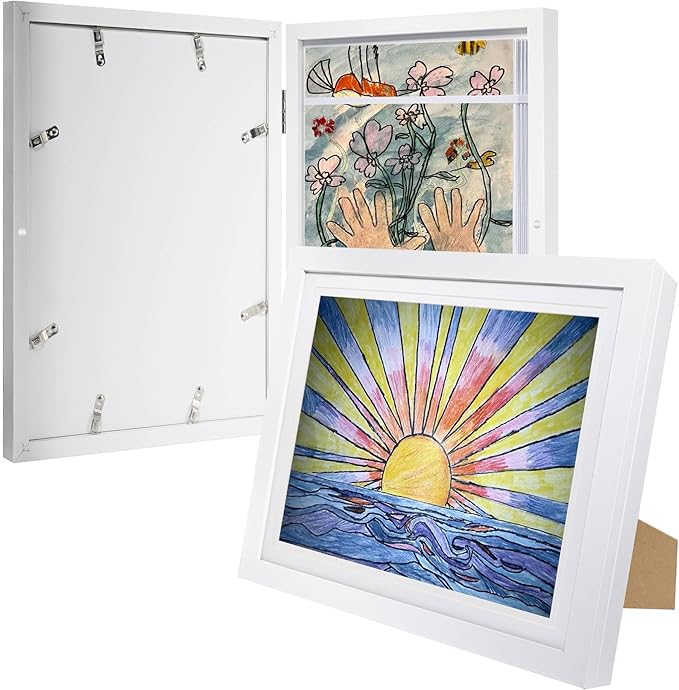 2-Pack Kids Artwork Frames Changeable 10x12.5 with Easel Stands, Hangers, Backboards, Shatterproof Plexiglass | 2 Mats Fit 9x12, 8.5x11, A4 Paper Sizes | Large and Easy-Access Kids Art Frame Display and Storage for up to 100 Sheets (White)