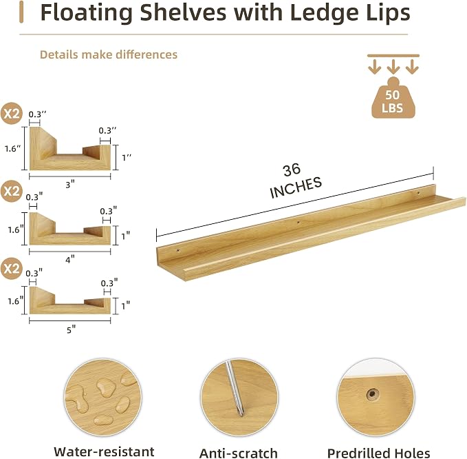 Acovy Floating Shelves Set of 6, 36 Inch Wall Mounted Picture Ledge Shelf with Lip, Oak Display Shelves for Living Room, Bedroom, Nursery, Bathroom & Kitchen