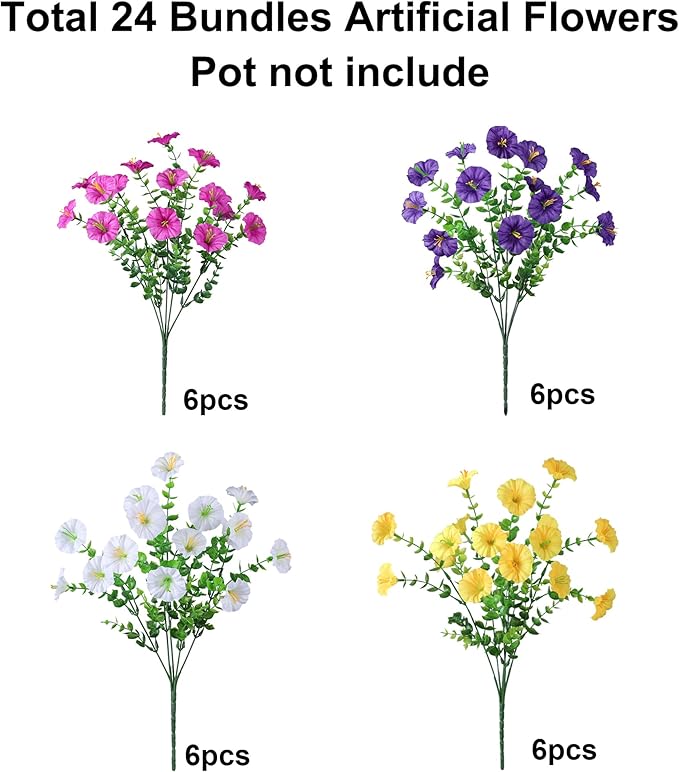 Ivydale 24 Bundles Artificial Flowers for Outdoors Faux Plants Spring Outdoor Decoration Silk Morning Glory Realistic UV Resistant Fake Petunias for Outside Porch Patio Window Garden Yard Home