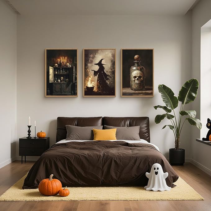 HPNIUB Halloween Witch Framed Canvas Wall Art Set, Terrifying Skeleton Poster Artwork, Vintage Halloween Wall Decor, Dark Academia Gothic Pictures for Bedroom Living Room Bathroom Party-24 x36 x3