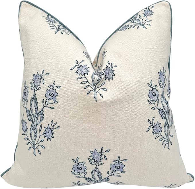 Jillien Harbor “The Mary” Periwinkle Floral Block Print Pillow Cover – Blue and White Decorative Throw Pillow Cover – Grandmillennial Home Decor, 24" x 24"