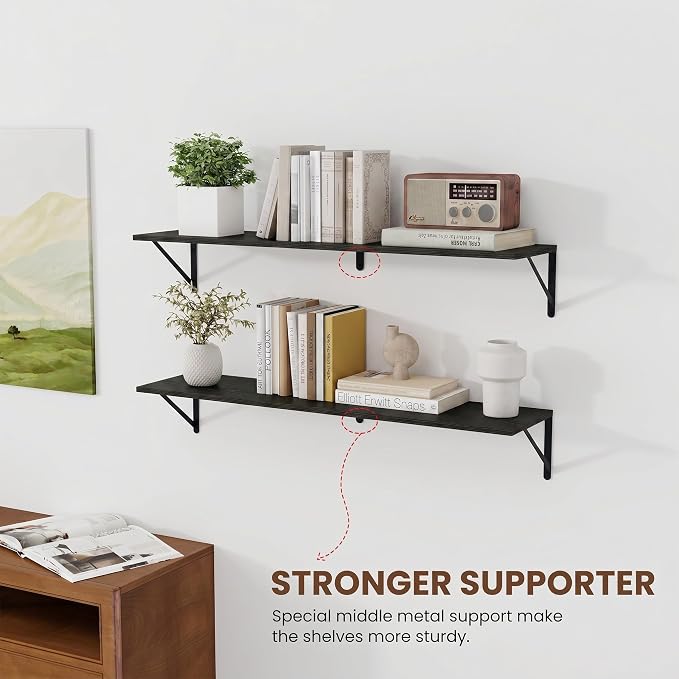 Vivelove Black Deep Floating Shelves for Wall, 36W x 8D Wood Wall Shelves Set of 3, Wide Floating Bookshelf for Living Room, Kitchen, Office, Bedroom and Decor Storage, with Metal Bracket - Black