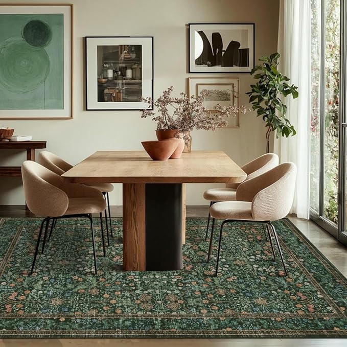 Rugxara 4x6 Area Rugs for Living Room Bedroom, Large Washable Rug, Green Vintage Floral Boho Rug, Non Slip & Low Pile Wool Accent Carpet for Indoor Dining Room, Kids Room and Office(Green 4x6ft)