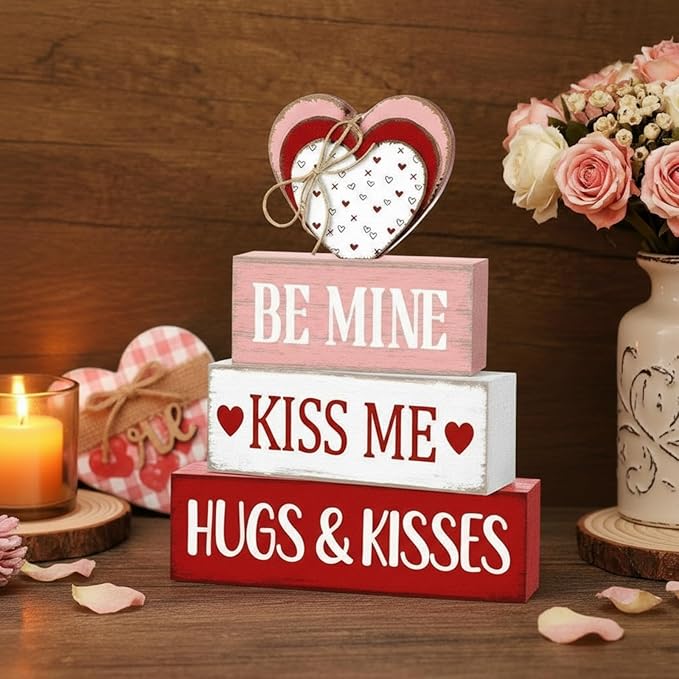 Marsui 4 Pcs Valentine's Day Decorations for Home Heart Table Decor Rustic Distressed Wooden Signs Valentines Centerpieces Blocks Farmhouse Valentines Tiered Tray Decor for Desk Shelf Mantel Indoor