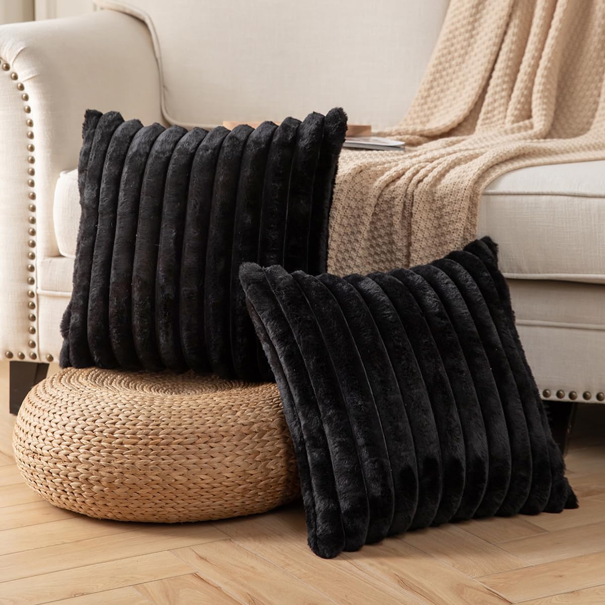 DEELAND Pack of 2,Double-Sided Faux Fur Plush Decorative Throw Pillow Covers Fuzzy Striped Soft Pillowcase Cushion Covers for Sofa Couch Bedroom Black 20x20 inch