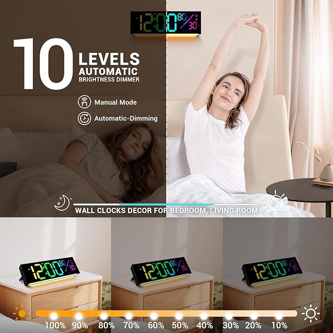 12" Digital Wall Clock: LED Large Display Clock with Remote, 11 RGB Color Modes, Wall Mount or Tabletop Decor for Classroom Dorm Office, Big Numbers for Seniors Kids